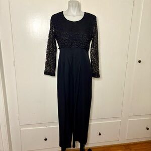 Vintage 80s CDC Black Lace Long Sleeve Wide Leg Palazzo Jumpsuit